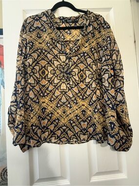 A.N.A. Navy & Gold Print Long-Sleeve Blouse